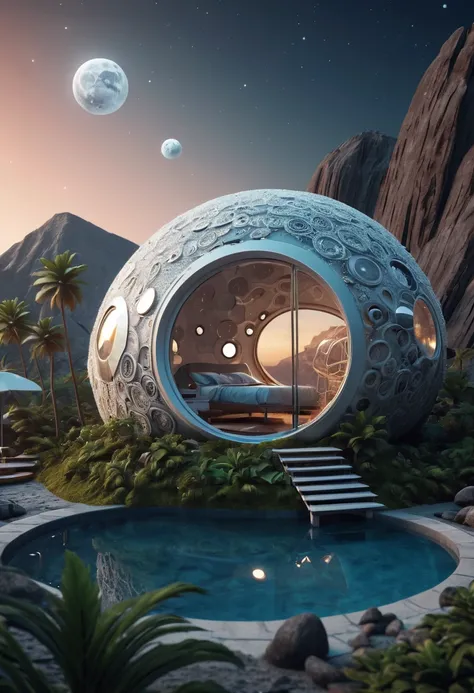 (best quality,4k,8k,highres,masterpiece:1.2),ultra-detailed, A capsuled modern hi-fi hotel-resort, the resort in the planet moon, zentangle, origami, cinematic, 3d crunch,  the planet earth in the background of the photo, photo taken in the moon, in the th...