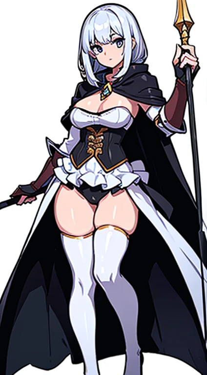 (((Best Quality))) , ((full body)), female, reference sheet, solo, (white background), holding staff, gauntlets, robe, thigh high, bustier, cloak,