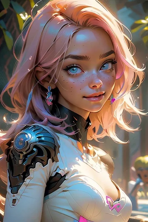 (masterpiece, top quality, best quality, official art, beautiful and aesthetic:1.2) beatiful women, eyes blue, expressive eyes, looking at viewer, long sleeves, necklace, sexi smile, short pink hair, pretty face, latina facial features, medium breasts, dig...