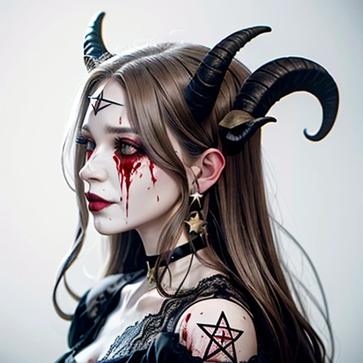 Side view of a hellish goat dressed in a nice dress, anthropomorphic female goat, goat girl with a lush horns,  ((pentagram on a forehead)), sad, blood from the eyes, head down, flowers in her hand, devilish goat, Satans goat