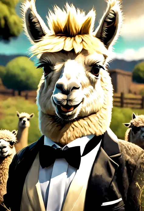 Grunge style (Boyish Digital Artwork:1.3) of (Ultrarealistic:1.3),(Fearful:1.3) there is a llama wearing a tuxedo in a field, portrait of a llama, llama portrait, llama anthro portrait, lama, llama, alpaca, llama all the way, wild fluffy llama portrait, ll...