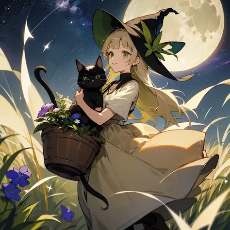 color々A witch around 25 years old carrying a large basket of medicinal herbs.......　、beige dress、黒colorのマント、　dark brown long boots、　green eyes、　 smile　、Bluestone Pendant、night、　starry sky、　moon、buddy black cat、　　grassland　、colorとりどりの花々