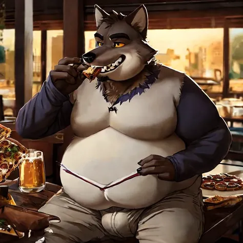 Male, solo, anthro(Mr Wolf), pizzaria, feeding, feeder, feedee, eating food, eating, shoving food in mouth, gainer, gainerart, anthro, older male, relaxed expression, happy expression, smirk, cocky expression, brown chest fur, buffet restaurant, buffet lin...