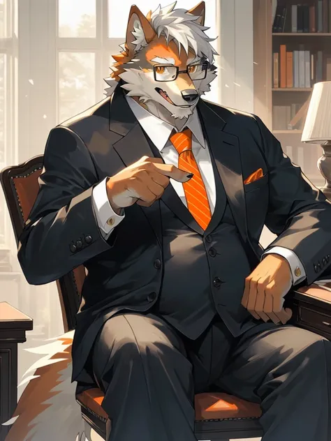 1man,Correct body structure,Correct finger structure,Correct pupil structure,single person, ((orange fur)), wolf, white hair, smile, brown pupils, wolf tail, Medium length hair, Glasses, fat, suit, sitting on a chair, in the study