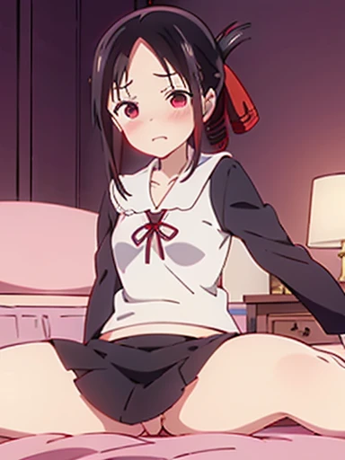 nsfw,Bedroom、on the bed、lie down、On your back、sex、vaginal 、resistance、Defeated clothes、Watery eye、blush、Kaguya Shinomiya、red eyes,red ribbon,hair ribbon,bangs,short hair,side lock,folded ponytail,black hair,parted bangs, Uniform of Shunaiin Gakuen,black dr...