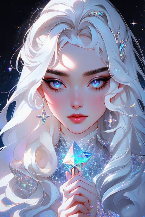 {-erro_de_anatomia:1.0} masterpiece, highest quality, (perfect face:1.1, (high detail)1.1, sweet stardust vampire , long soft white hair, opal eyes, perfectly drawn face, black dress, stars detailed background, prismatic lighting, glitter, whole bod., Very...