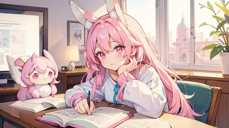 beautiful illustrations, highest quality, pretty girl, pastel colour, fluffy rabbit ears, , pink long hair, rabbit stuffed, pale pink eyes,Studying at a desk