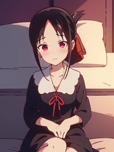 nsfw,Bedroom、on the bed、lie down、On your back、sex、vaginal 、resistance、Defeated clothes、Watery eye、blush、Kaguya Shinomiya、red eyes,red ribbon,hair ribbon,bangs,short hair,side lock,folded ponytail,black hair,parted bangs, Clothes that have been taken off、cl...