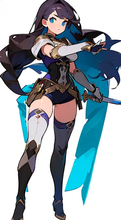 (((Best Quality))) , ((full body)), female, reference sheet, solo, (white background), holding sword, gauntlets, thigh high, bustier,