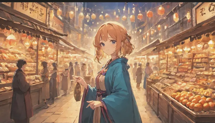 Cute female merchant selling magical items in a busy market,fantasic world,wearing robe,many goods display,masterpiece,soft line