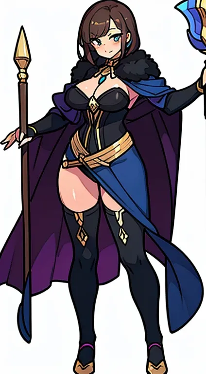 (((Best Quality))) , ((full body)), female, reference sheet, solo, (white background), holding staff, gauntlets, robe, thigh high, bustier, cloak,