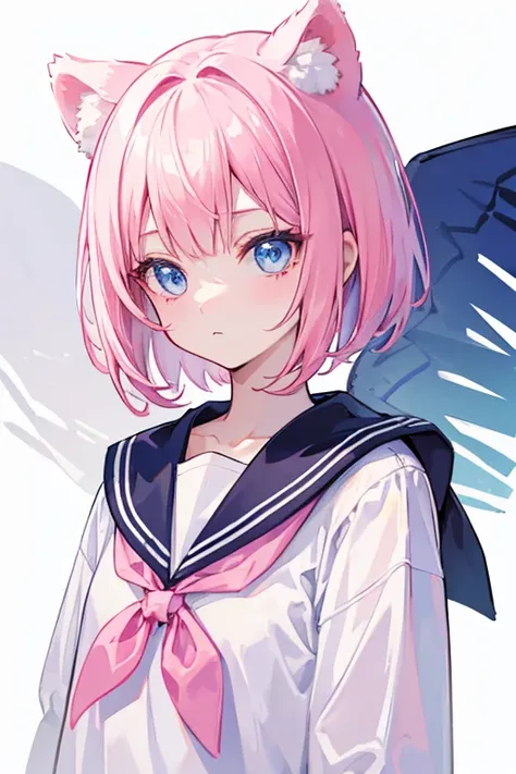 ski style, 1 girl, alone, pink hair, animal ears, blue eyes, wing, looking at the viewer, mole, bangs, short hair, bow, sailor collar, simple background, white sailor collar, mole under mouth, hair bow, pink bow, closed mouth, shirt, white shirt, bear ears...