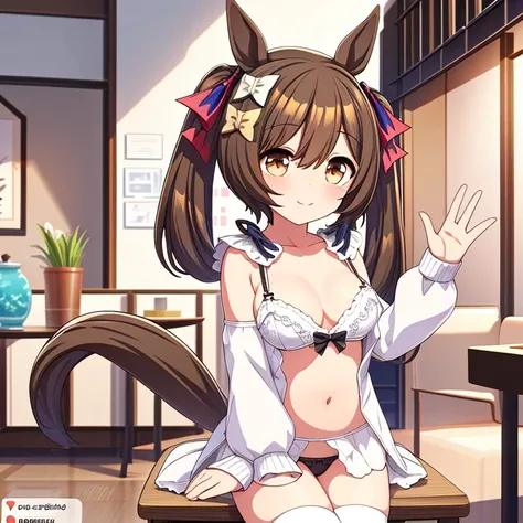 super detailed, High resolution, Very detailed CG, anime picture,(masterpiece, highest quality:1.4),1 girl, brown hair, horse ears,horse tail, twin tails, (hair ribbon:1.4), hair ribbon, brown eyes, take off clothes,In underwear,bra,panties, white stocking...