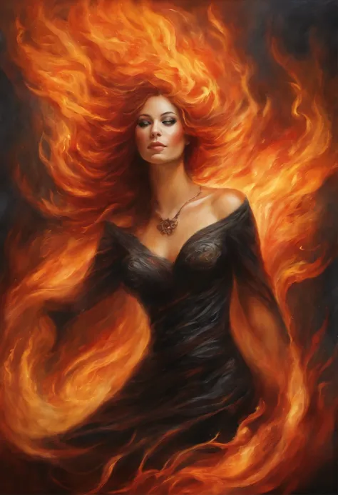 woman in a black dress sits on the ground covered in fire, flames surround her, engulfed in swirling flames, Goddess of Fire, fantasy art behance, enveloped in flames, her hair is made out of fire, she has fire powers, A dress made of fire, Dark Phoenix, a...