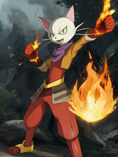 Create a cat with fire powers set in the Pokémon Anime.