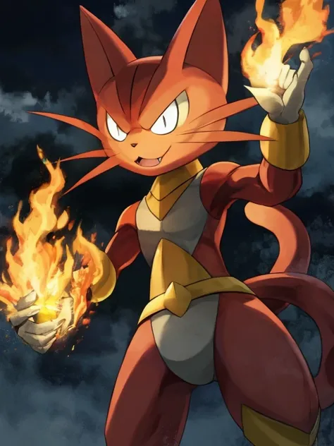 Create a cat with fire powers set in the Pokémon Anime.