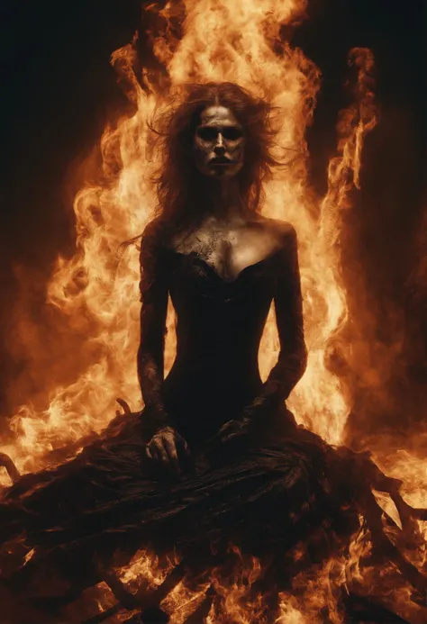 woman in a black dress sits on the ground covered in fire, flames surround her, engulfed in swirling flames, Goddess of Fire, fantasy art behance, enveloped in flames, her hair is made out of fire, she has fire powers, A dress made of fire, Dark Phoenix, a...