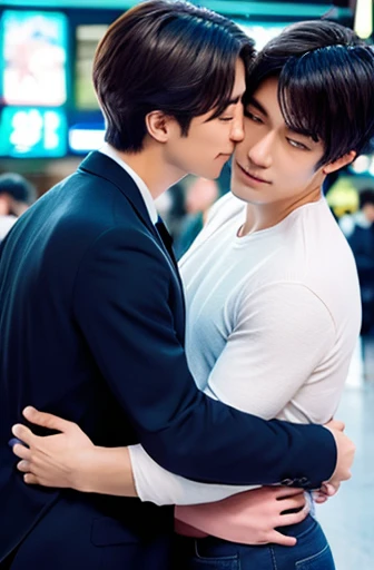 they are hugging in public, two anime handsome men, Yaoi, men&#39;s art, Gwaites style artwork、reunion scene、Face buried in chest