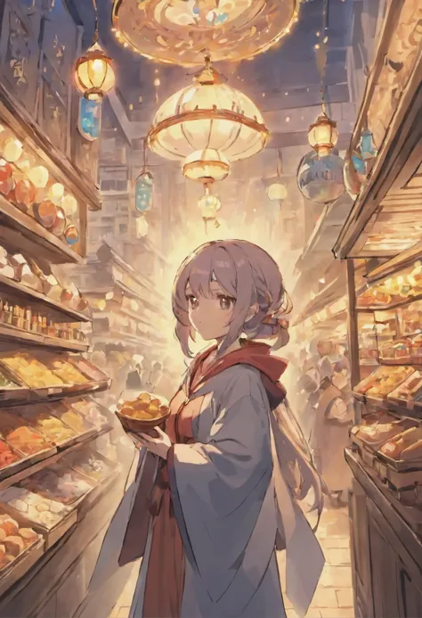 Cute female merchant selling magical items in a busy market,fantasic world,wearing robe,many goods display,masterpiece,soft line