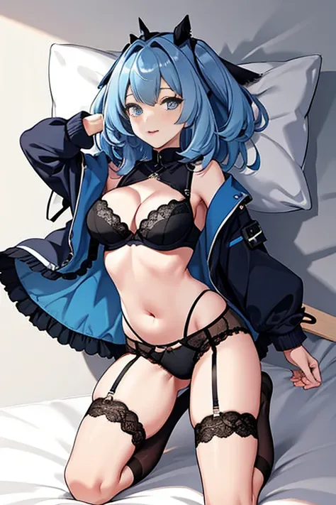 blue hair,big breasts,bra,garter belt, Black High Socks,underwear only,whole body,backwards,Putting out the belly button,buttocks facing forward,ass,Kneeling,bed,Drool,stick out tongue