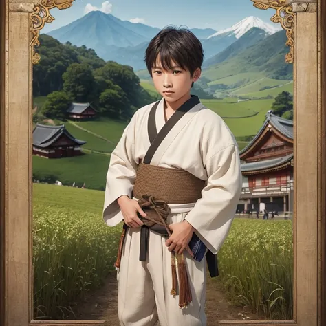  High resolution, Super detailed, masterpiece, highest quality,oriental、boy、ancient japanese peasant clothes、alone、game poster、pants、fields、farmer、