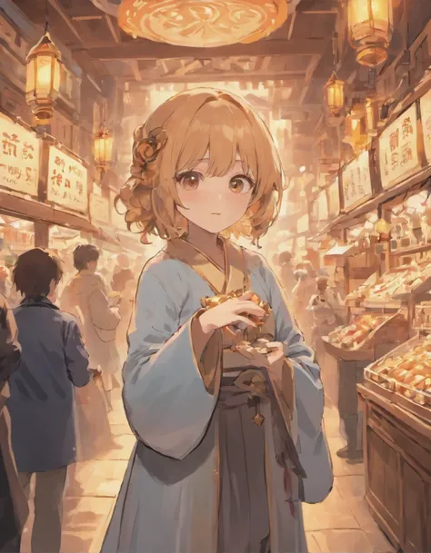 Cute female merchant selling magical items in a busy market,fantasic world,wearing robe,many goods display,masterpiece,soft line