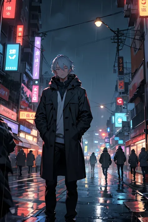 1girl,night city,rain,coat,hands in pockets