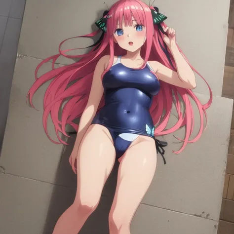 masterpiece, best quality, ultra detailed, best illustration, nsfw, 1girl, one-piece swimsuit, nakano nino, pink hair, butterfly hair ornament, blue eyes