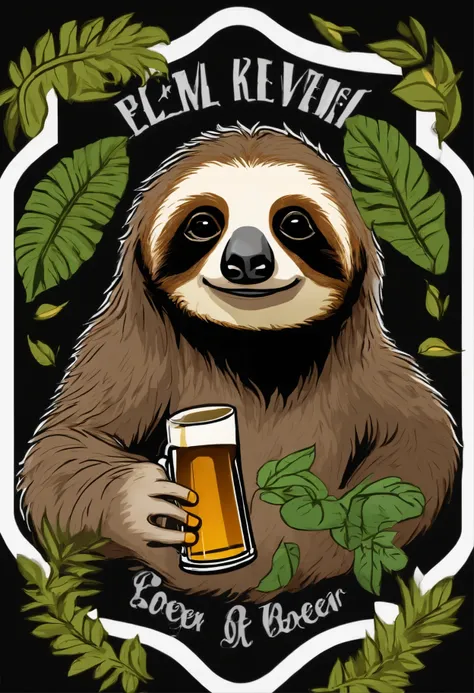 sloth take a glass of beer illustration for a sticker with a black background, in bold outline style, jagged edges, trashcore, light shading --v 5.2