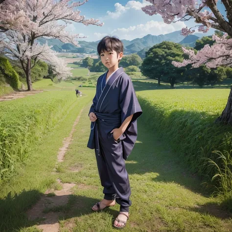 ハンサムなboy、(Photoreal:1.4),ultra high resolution, Super detailed, masterpiece, highest quality,oriental、boy、alone、game poster、kimono、pants、fields、farmer、