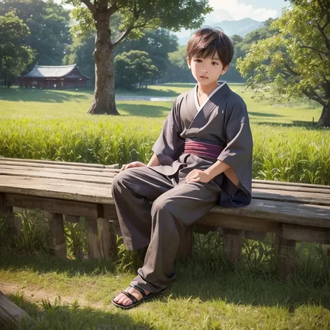 ハンサムなboy、(Photoreal:1.4),ultra high resolution, Super detailed, masterpiece, highest quality,oriental、boy、alone、game poster、kimono、pants、fields、farmer、sitting