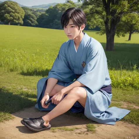 ハンサムなboy、(Photoreal:1.4),ultra high resolution, Super detailed, masterpiece, highest quality,oriental、boy、alone、game poster、kimono、pants、fields、farmer、sitting