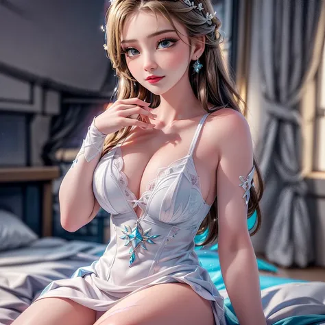 เอลซ่า โฟรเซ่น, ดิสนีย์,อายุ18 ผมสีขาว,สวย, เซ็กซี่, thin dress blue, bigboob, background white bed room, random pose,random acting,bokeh, flares, natural lighting, 