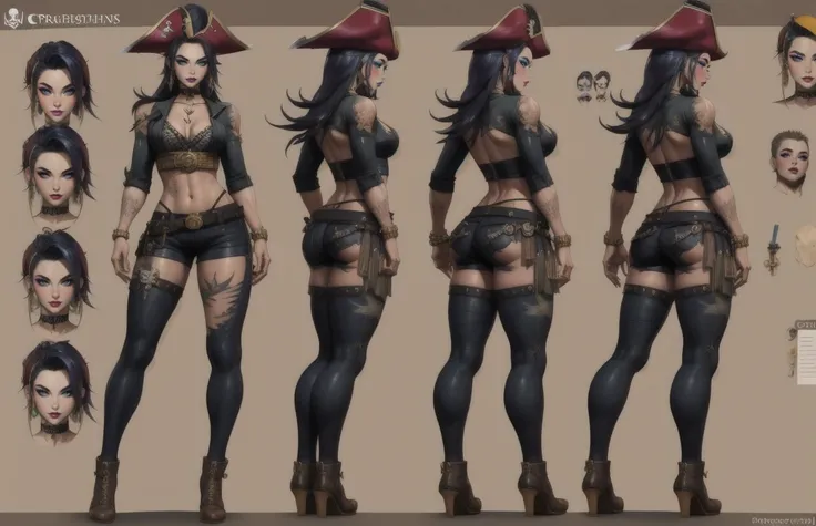 (The concept character sheet of a strong, attractive, and hot woman pirate, full body, pirate style, combat position, pirate age, wearing hat) (Full of details, frontal body view, back body view), Highly detailed, Depth, Many parts, ((Masterpiece, Highest ...