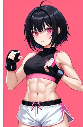 16 year old Japanese female mixed martial artist。muscle。six pack。black hair short cut。Strong-willed eyes。As a ring costume、white sports bra with pink trim（MAI is written in pink letters.）and shorts、Wearing open finger gloves。