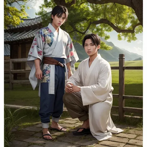 good looking、(Photoreal:1.4),ultra high resolution, Super detailed, masterpiece, highest quality,oriental、boy、alone、game poster、Plain kimono、pants、farmer、