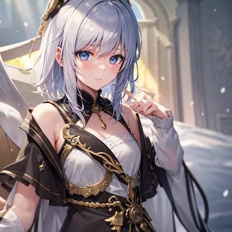 super high quality, with a girl, 20-year-old, very short hair, long bangs between the eyes, pale blue eyes , blue sky, sunlight, very detailed,(masterpiece、highest quality)、alone、gray hair、White skin as clear as snow、fantasy, silver hair, black eye, beauti...