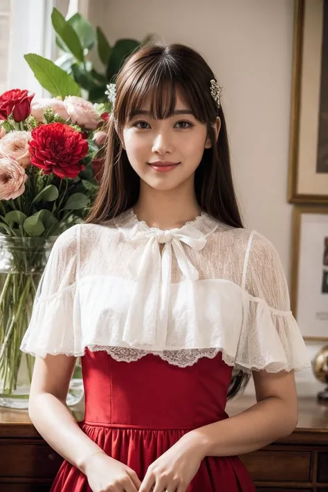 Medium view, medium shot, Depth of bounds written, bust, Upper body, cinematic angle, masterpiece, highest quality, Super detailed, cg, 8k wallpaper, beautiful face, delicate eyes, maiden, alone, smile, bangs, skirt, shirt, have, Crimson dress, bow, petal,...