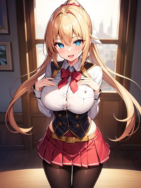 (1 girl in:1.2), (alone:1.2), on the table, north african trade zone、Shaders、Excellent texture work、super detailed eyes、The pupils in the eyes are extremely complex、top quality、Princess、one blonde、very Bigger breasts、Anime school uniform、Double ponytail、四肢...