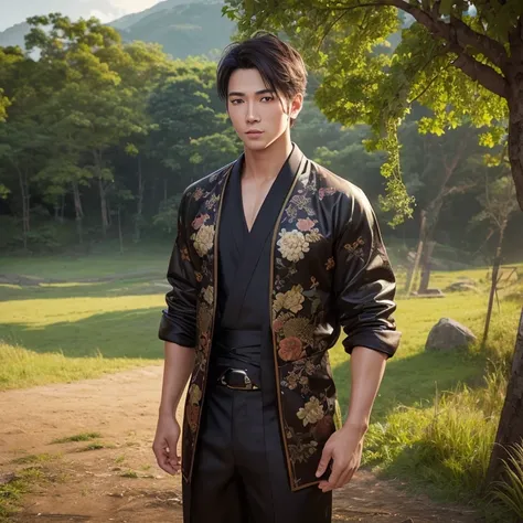 Handsome 、(Photoreal:1.4),ultra high resolution, Super detailed, masterpiece, highest quality,oriental、boy、alone、game poster、kimono、pants、fields、farmer、(Upper body:1.3)