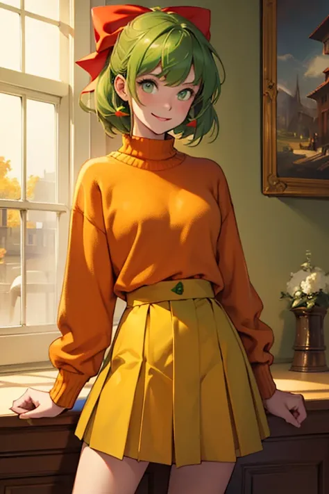 ((Best quality)), ((masterpiece)), top quality), standing alone, green hair, red hairbow, green eyes, short, orange sweater, yellow skirt, smiling