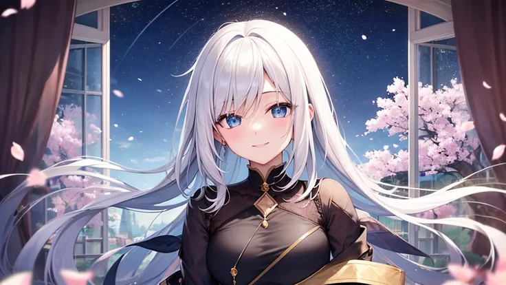 super high quality, with a girl, 20-year-old, very short hair, long bangs between the eyes, pale blue eyes , very detailed,(masterpiece、highest quality)、alone、gray hair、White skin as clear as snow、fantasy, silver hair, black eye, beautiful eyes,, ecstasy, ...