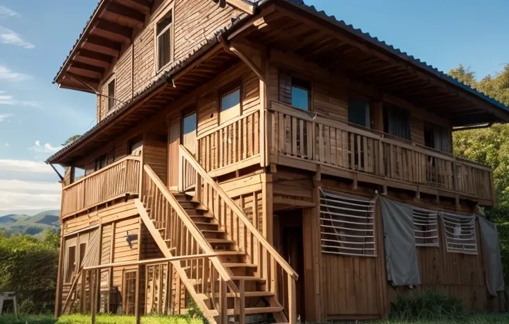 there is a Wooden House with a staircase and a balcony, Wooden House, มุมมองfront, Old House, มุมมองfront, village house, front view, long house, มุมมองfront, house on stilts, front, External view, view from the side, view from the side, External view, Ins...