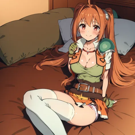 masterpiece, best quality, scEstelle, cropped jacket, green shoulder pad, tan shirt, (cleavage) orange skirt, belt, brown gloves, white thighhighs, (panties), (intricate panties:1.2),1girl, smile, looking at viewer, (solo), (lying), Bedroom, pillow, blush,...