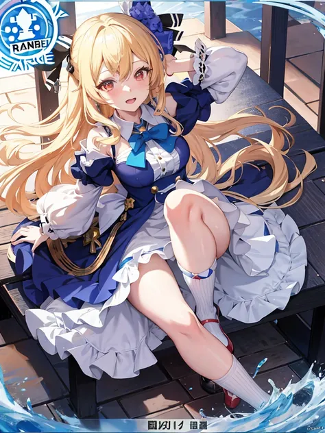 anime character sitting on a bench with a blue background,  in dress, splash art anime , cute anime waifu in a nice dress, small curvy , from the azur lane videogame, azur lane style, marisa kirisame, detailed key anime art, anime visual of a cute girl, bl...