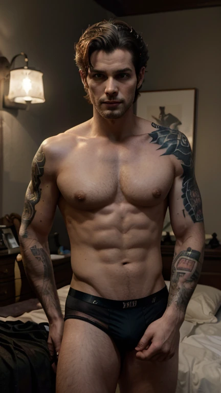 Create a very sexy man in underwear and who has a tattoo that says maleficent 3d 8k