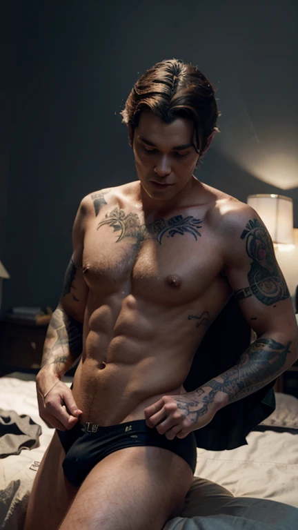 
Create a very sexy man in underwear with a tattoo that says Maleficent in 3d 8k