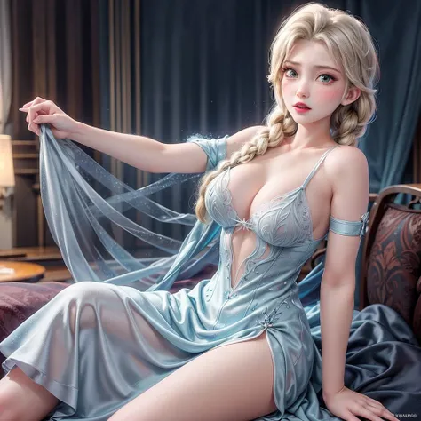 Elsa Frozen, disney,I&#39;m 18 years old and I have a single white braid like Elsa., sexy, light blue dress,open shoulder, Big Boob, white bedroom background, Random pose,Random display,Bokeh, rocket, natural light, 