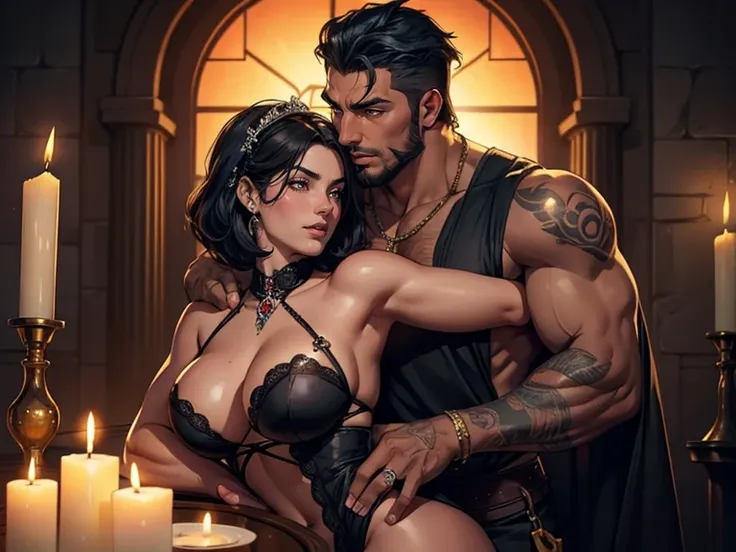 One Handsome short-haired tall huge barbarian beefy muscular Chad in center-of-composition hugging five beautiful bitches tackling him and touching him and feeling him and snuggling him,  dressed like goth punk witches, perfect bodies with nice asses, wome...