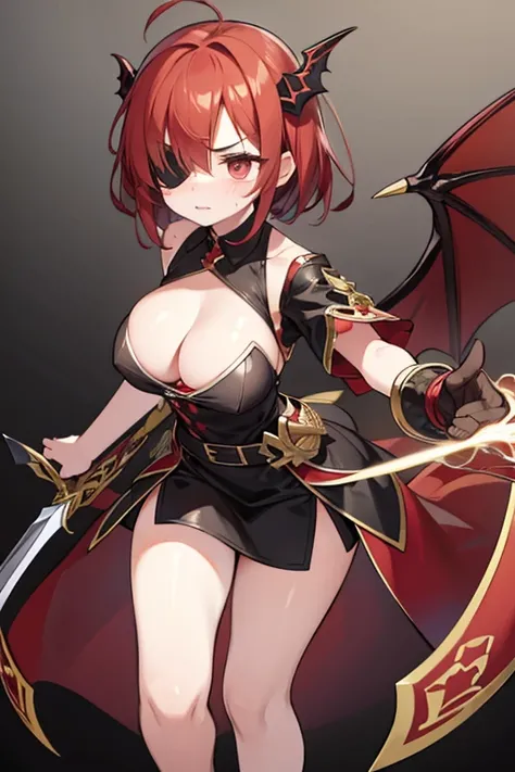 She has short red hair, wears a black eyepatch, carries a magic sword, and controls a red dragon.